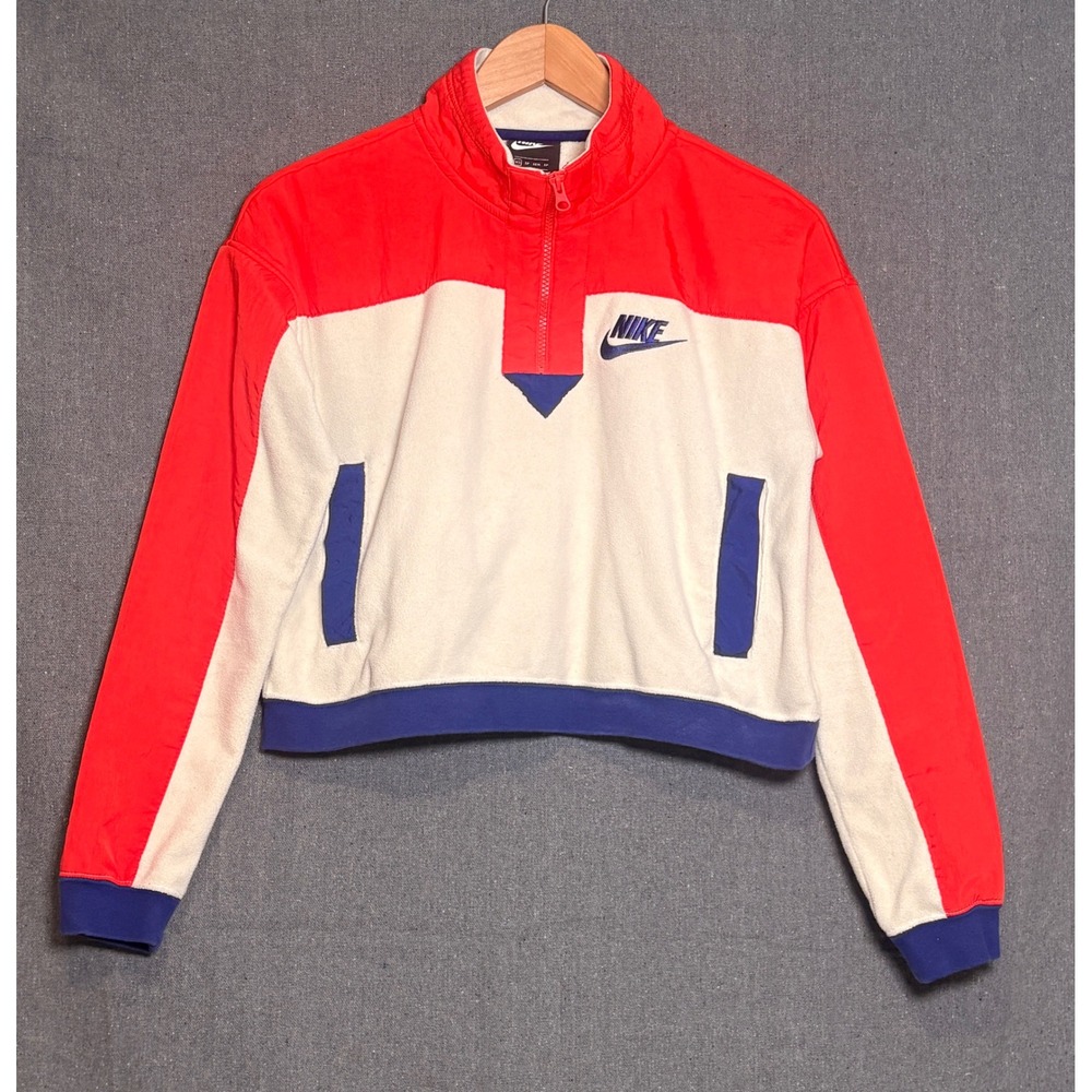 Nike Womens Sportswear Quarter Zip Fleece Pullover Cropped Red White Blue XS